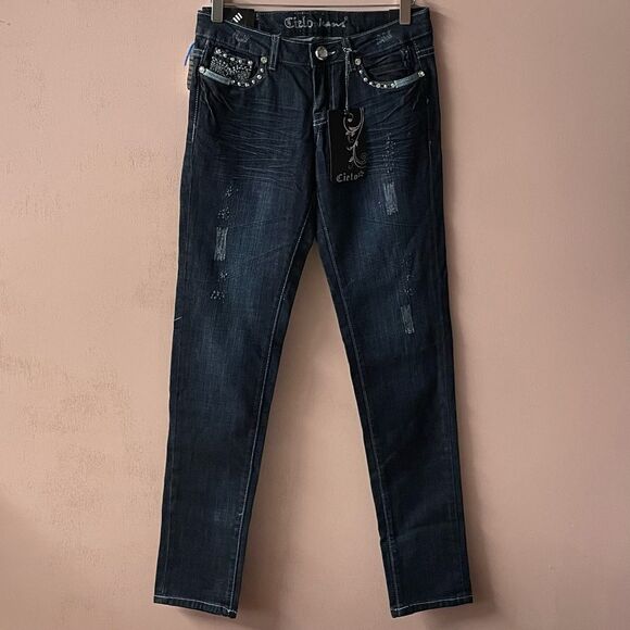 Vintage Cielo Y2K Dark Wash Blue Bejeweled Pocket Low Rise Skinny Jeans Sz 5 NWT - Picture 11 of 12